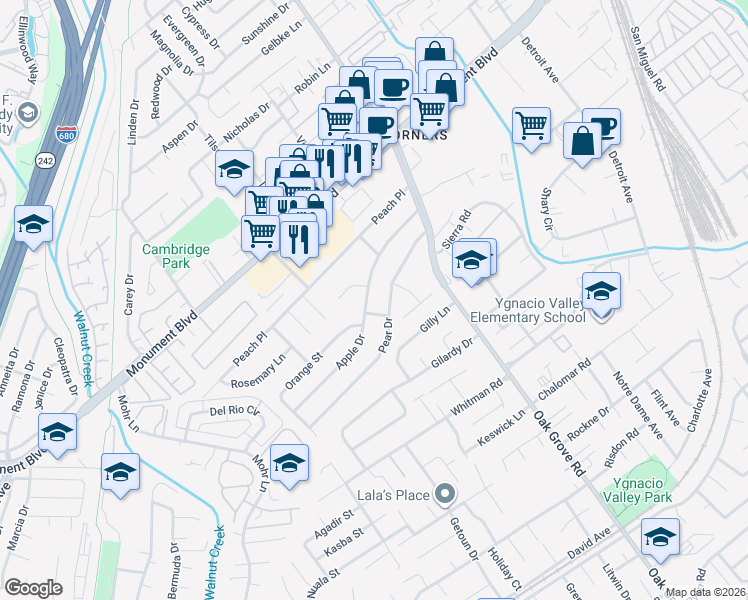 map of restaurants, bars, coffee shops, grocery stores, and more near 1640 Apple Drive in Concord