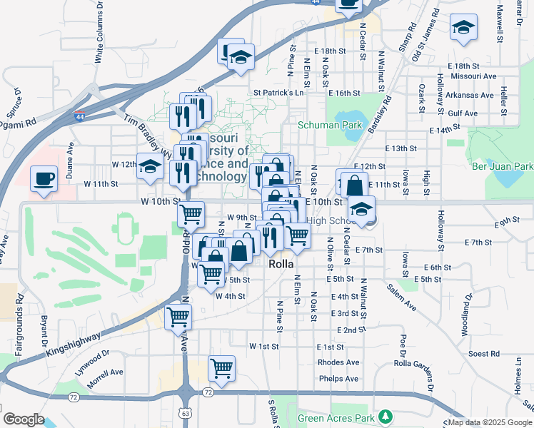 map of restaurants, bars, coffee shops, grocery stores, and more near 300 West 10th Street in Rolla