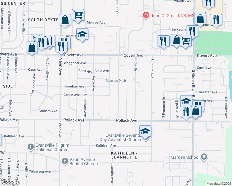 map of restaurants, bars, coffee shops, grocery stores, and more near 1800 Dalehaven Drive in Evansville