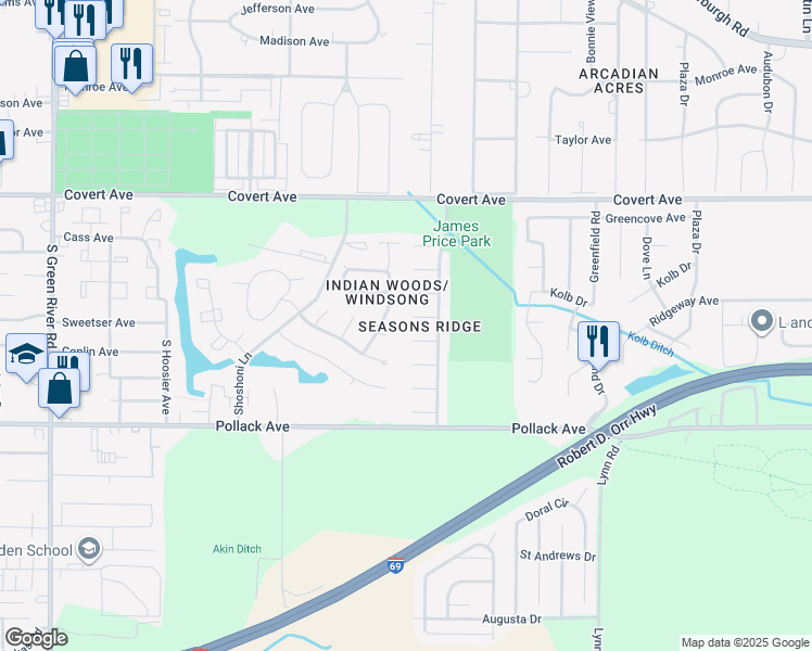 map of restaurants, bars, coffee shops, grocery stores, and more near 6020 Tradewind Cove in Evansville
