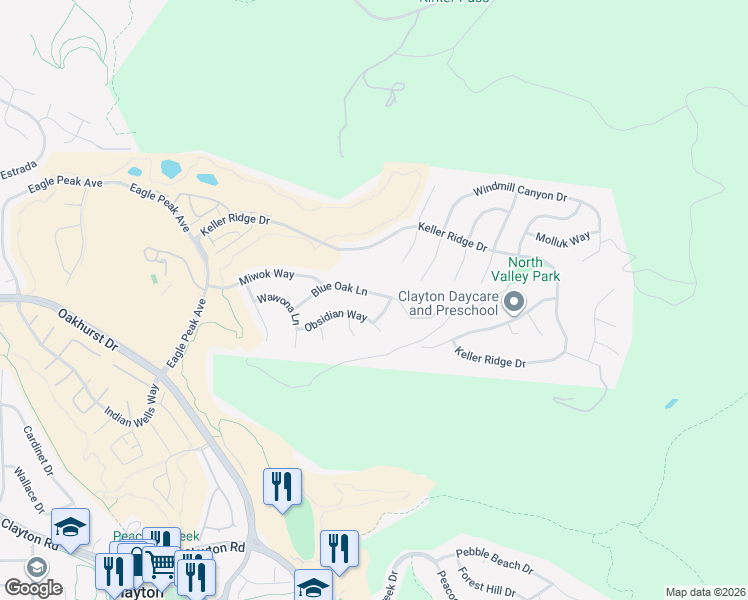 map of restaurants, bars, coffee shops, grocery stores, and more near 373 Blue Oak Lane in Clayton