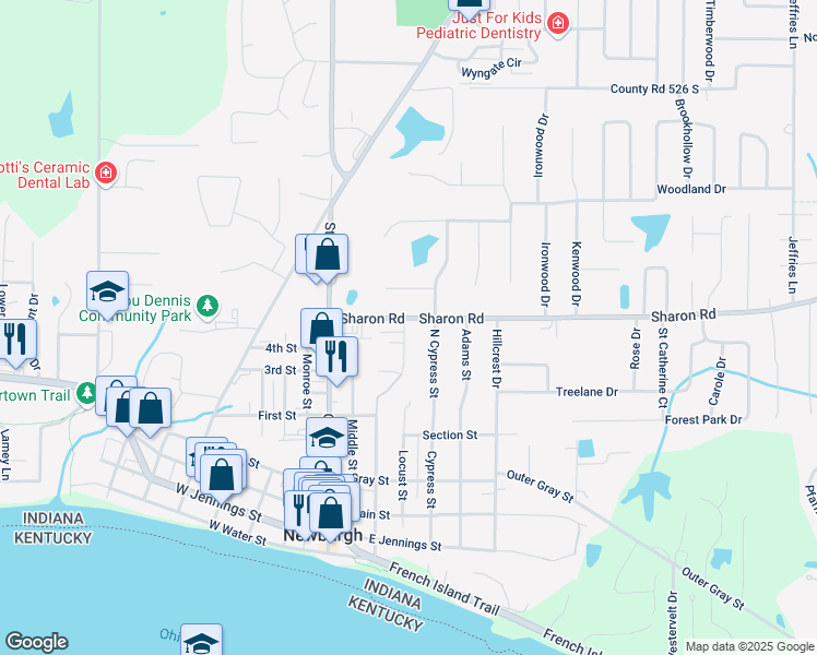 map of restaurants, bars, coffee shops, grocery stores, and more near 623 Law Drive in Newburgh