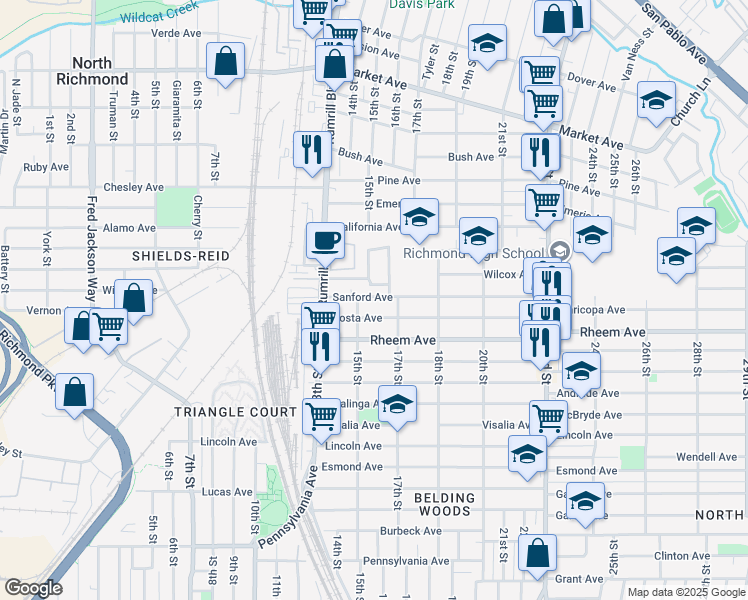 map of restaurants, bars, coffee shops, grocery stores, and more near 1220 West Victoria Court in San Pablo