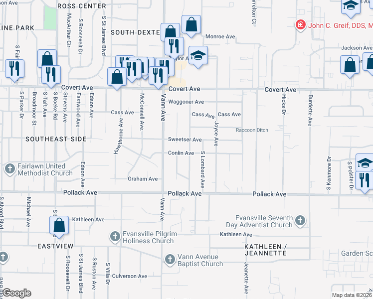 map of restaurants, bars, coffee shops, grocery stores, and more near 1800-1898 Dianne Avenue in Evansville