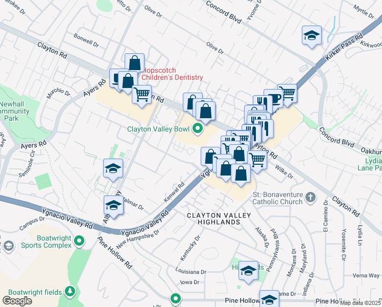 map of restaurants, bars, coffee shops, grocery stores, and more near 5322 Balhan Court in Concord