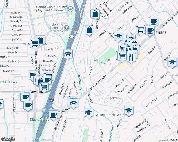 map of restaurants, bars, coffee shops, grocery stores, and more near 1135 Carey Drive in Concord