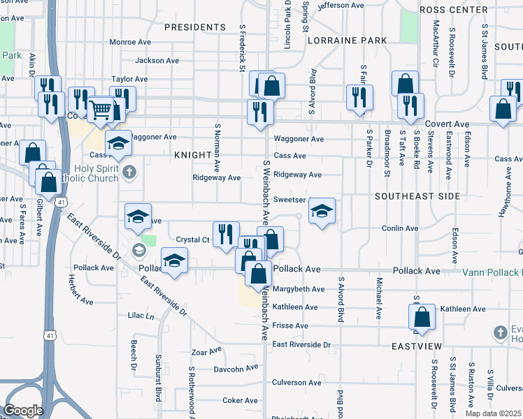 map of restaurants, bars, coffee shops, grocery stores, and more near 2000-2008 Sweetser Avenue in Evansville