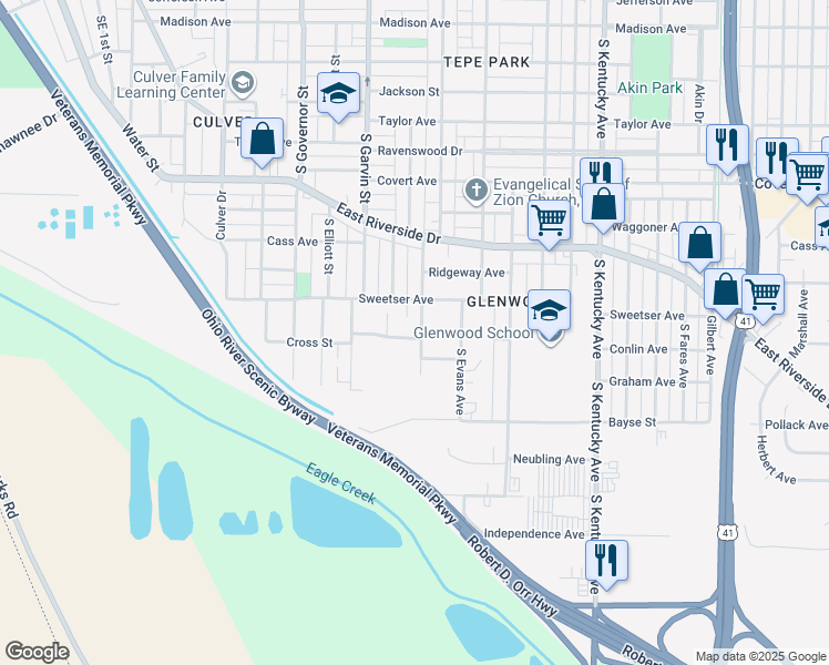 map of restaurants, bars, coffee shops, grocery stores, and more near 736 Cross Street in Evansville