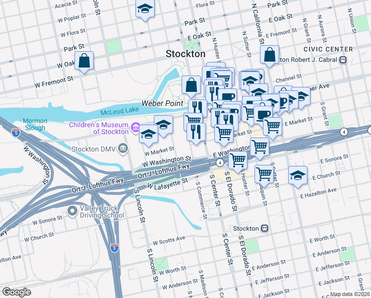 map of restaurants, bars, coffee shops, grocery stores, and more near 123 South Commerce Street in Stockton