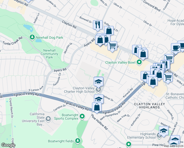 map of restaurants, bars, coffee shops, grocery stores, and more near 1101 Alberta Way in Concord