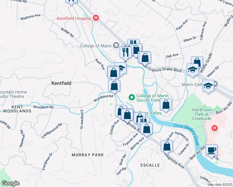 map of restaurants, bars, coffee shops, grocery stores, and more near 835 College Avenue in Kentfield