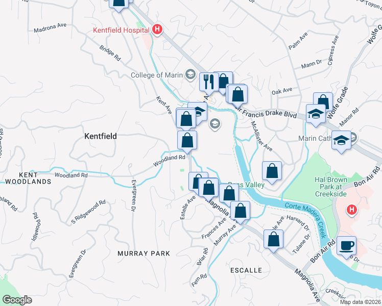 map of restaurants, bars, coffee shops, grocery stores, and more near 835 College Avenue in Kentfield