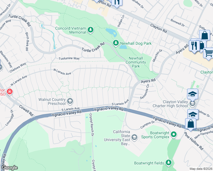 map of restaurants, bars, coffee shops, grocery stores, and more near 4423 Canoe Birch Court in Concord