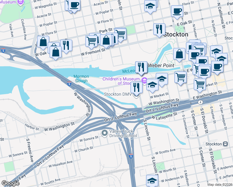 map of restaurants, bars, coffee shops, grocery stores, and more near 802 West Weber Avenue in Stockton