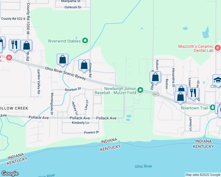 map of restaurants, bars, coffee shops, grocery stores, and more near 9833 Indiana 662 in Newburgh