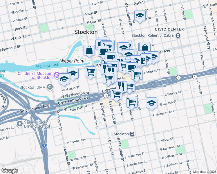 map of restaurants, bars, coffee shops, grocery stores, and more near 119 South Hunter Street in Stockton