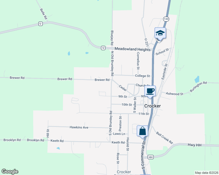 map of restaurants, bars, coffee shops, grocery stores, and more near 305 North Old Brumley Road in Crocker