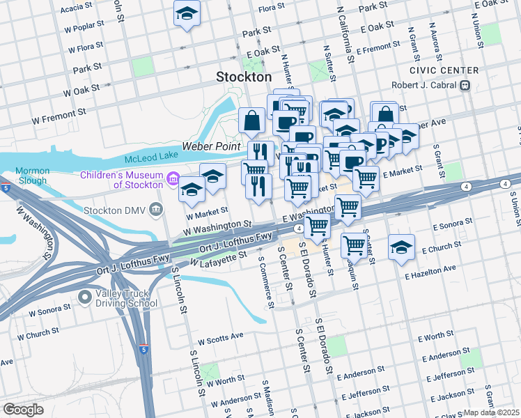 map of restaurants, bars, coffee shops, grocery stores, and more near 4 West Market Street in Stockton