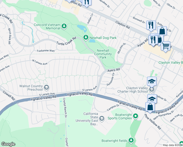 map of restaurants, bars, coffee shops, grocery stores, and more near 4417 Catalpa Court in Concord