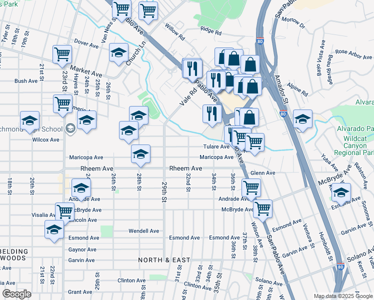 map of restaurants, bars, coffee shops, grocery stores, and more near 3111 Tulare Avenue in Richmond