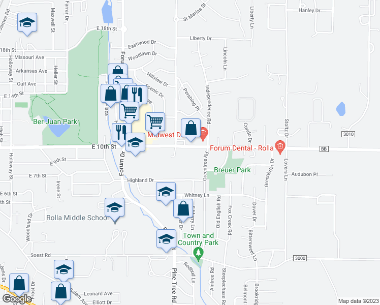 map of restaurants, bars, coffee shops, grocery stores, and more near 1450 East 10th Street in Rolla