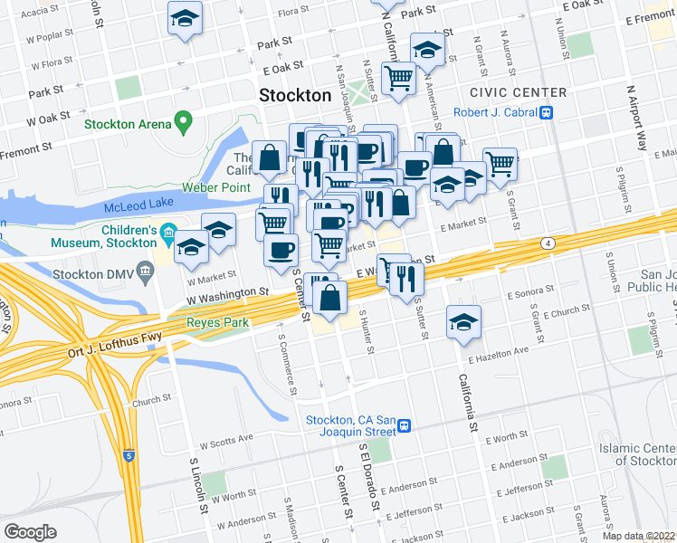 map of restaurants, bars, coffee shops, grocery stores, and more near 144 Mun Kwok Lane in Stockton
