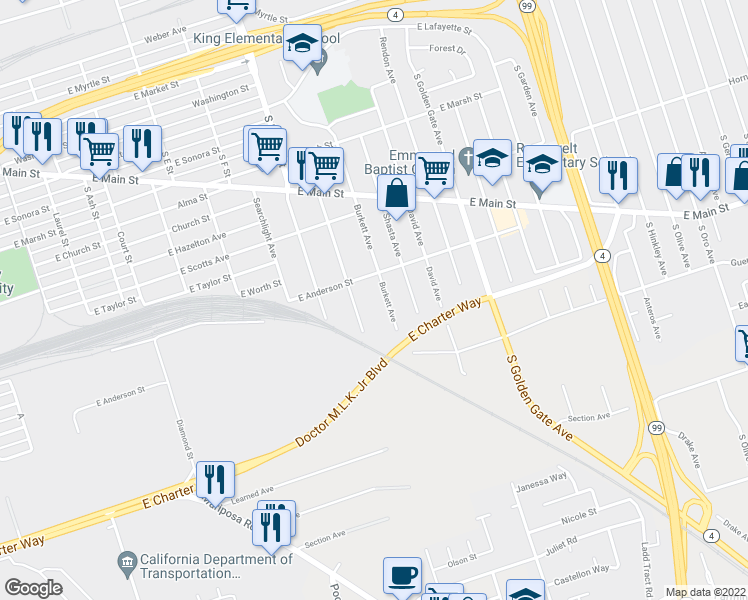 map of restaurants, bars, coffee shops, grocery stores, and more near 941 Burkett Avenue in Stockton