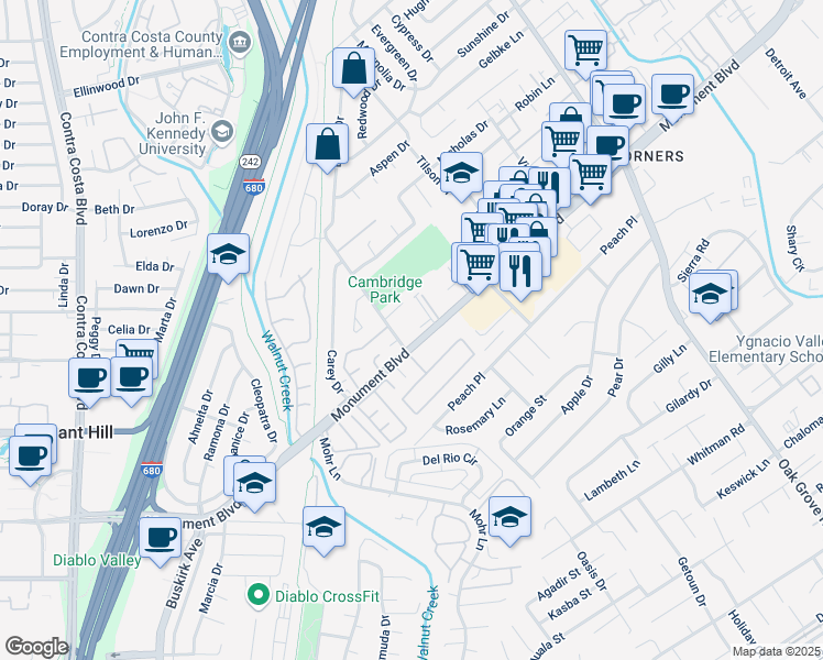 map of restaurants, bars, coffee shops, grocery stores, and more near 1100 Victory Lane in Concord