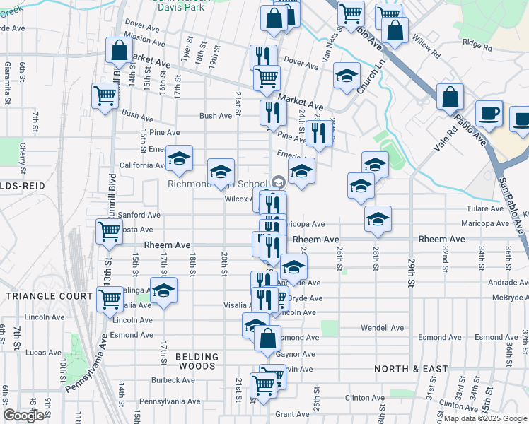 map of restaurants, bars, coffee shops, grocery stores, and more near 1203 23rd Street in Richmond
