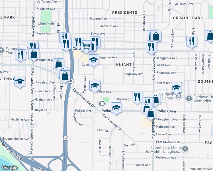 map of restaurants, bars, coffee shops, grocery stores, and more near 1507 Sweetser Avenue in Evansville
