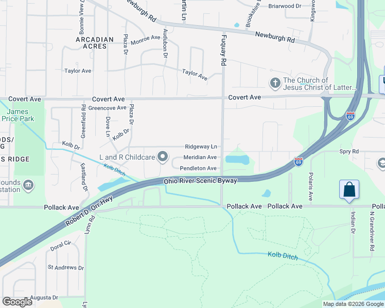 map of restaurants, bars, coffee shops, grocery stores, and more near 7509 Ridgeway Ave in Evansville