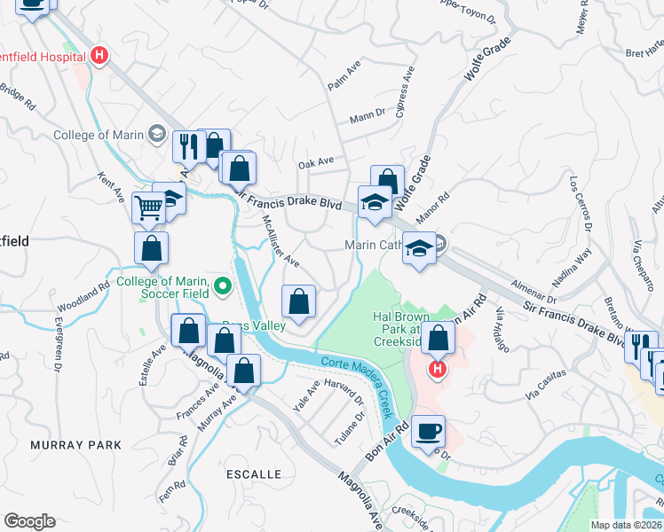 map of restaurants, bars, coffee shops, grocery stores, and more near 8 Lilac Avenue in Kentfield