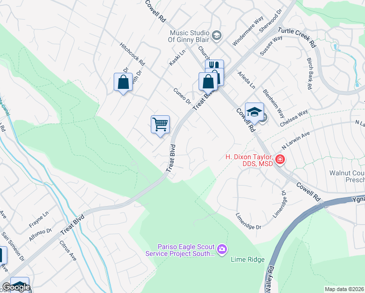 map of restaurants, bars, coffee shops, grocery stores, and more near 4056 Castlewood Court in Concord