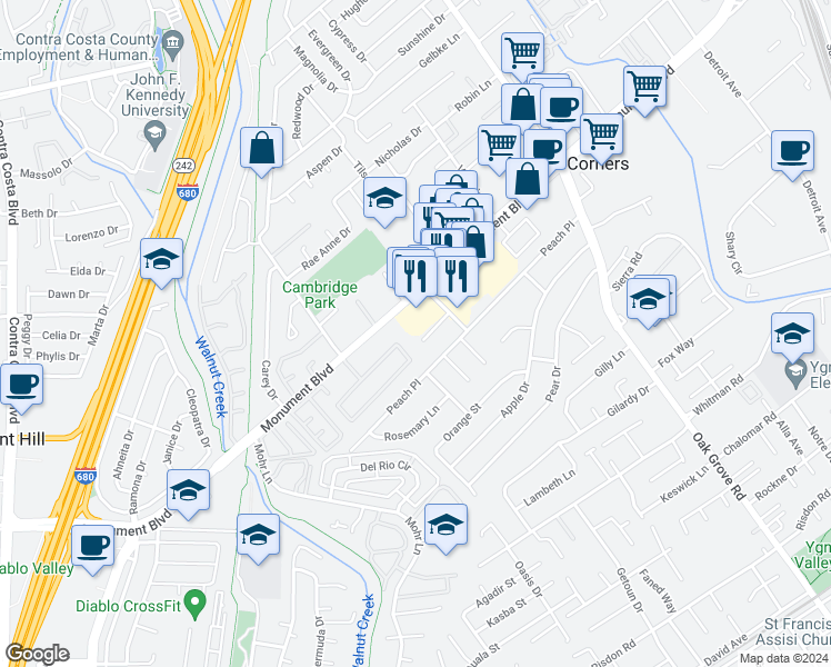 map of restaurants, bars, coffee shops, grocery stores, and more near 1451 Reganti Place in Concord