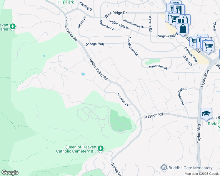map of restaurants, bars, coffee shops, grocery stores, and more near 11 Silverhill Way in Lafayette