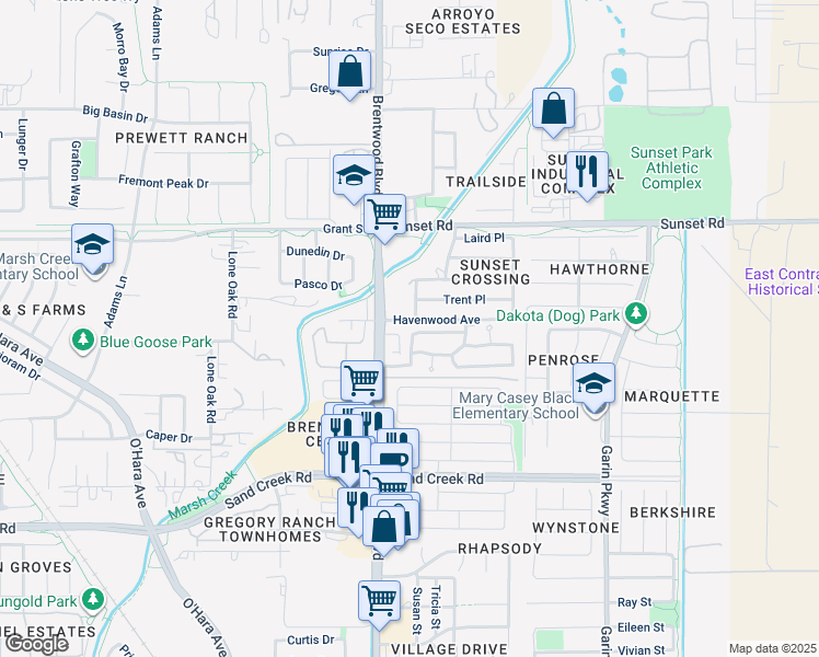 map of restaurants, bars, coffee shops, grocery stores, and more near 67 Cottonwood Common in Brentwood