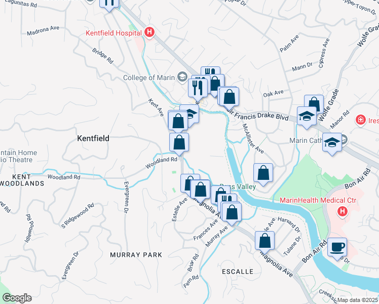 map of restaurants, bars, coffee shops, grocery stores, and more near 835 College Avenue in Kentfield