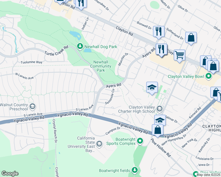 map of restaurants, bars, coffee shops, grocery stores, and more near 1009 Larkwood Court in Concord
