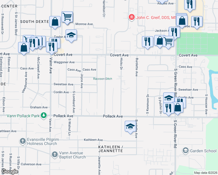 map of restaurants, bars, coffee shops, grocery stores, and more near 1800 Jeanette Avenue in Evansville