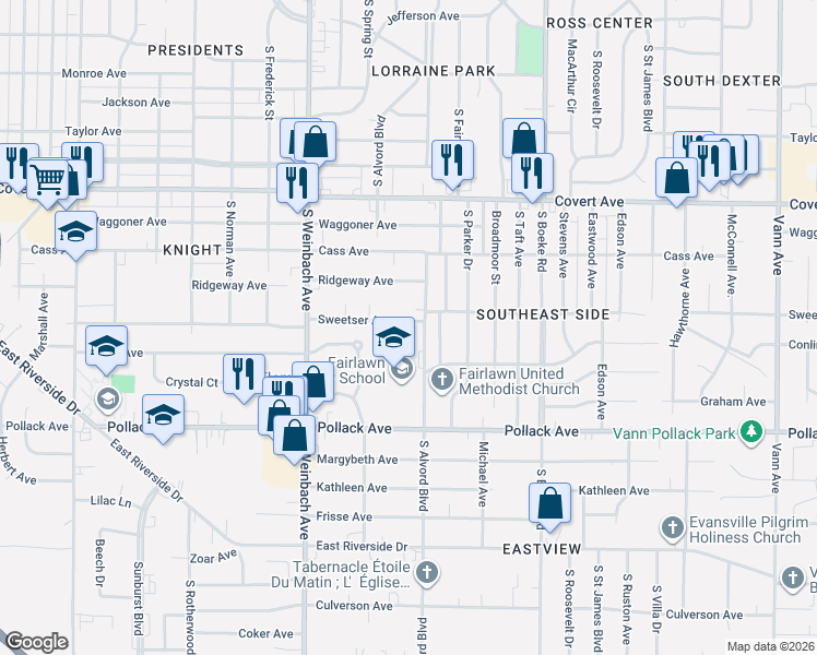 map of restaurants, bars, coffee shops, grocery stores, and more near 2128 Sweetser Avenue in Evansville