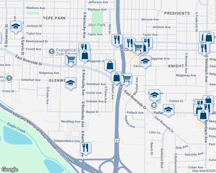 map of restaurants, bars, coffee shops, grocery stores, and more near 1156 Sweetser Avenue in Evansville