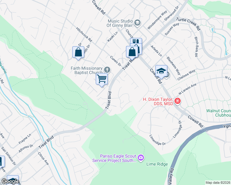 map of restaurants, bars, coffee shops, grocery stores, and more near 4058 Treat Boulevard in Concord