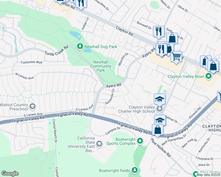 map of restaurants, bars, coffee shops, grocery stores, and more near 1009 Larkwood Court in Concord
