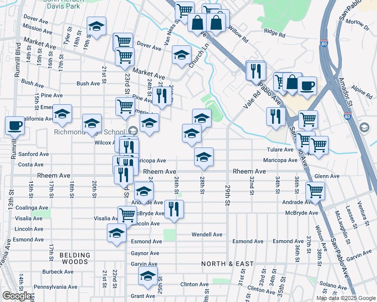 map of restaurants, bars, coffee shops, grocery stores, and more near 1777 26th Street in Richmond