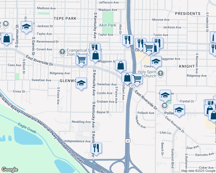 map of restaurants, bars, coffee shops, grocery stores, and more near 1801 South Kerth Avenue in Evansville