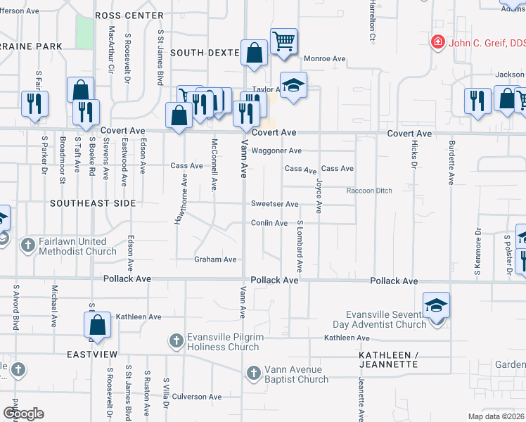 map of restaurants, bars, coffee shops, grocery stores, and more near 1898 Dianne Ave in Evansville