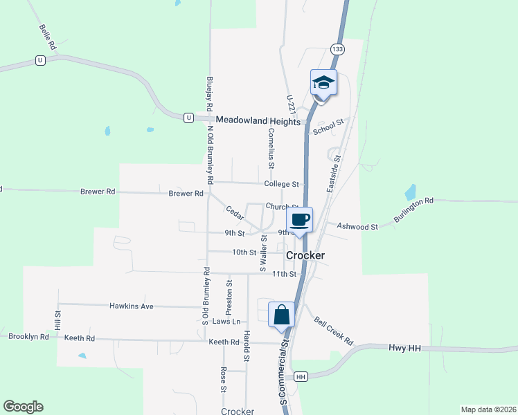 map of restaurants, bars, coffee shops, grocery stores, and more near 211 South Waller Street in Crocker