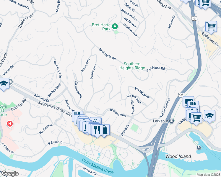 map of restaurants, bars, coffee shops, grocery stores, and more near 140 La Cuesta Drive in Larkspur