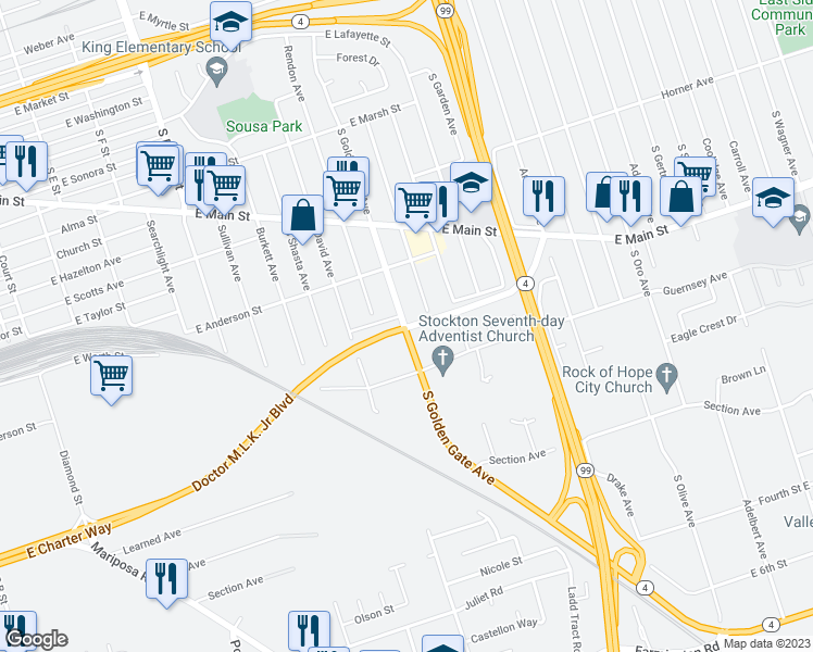 map of restaurants, bars, coffee shops, grocery stores, and more near 1100 South Golden Gate Avenue in Stockton