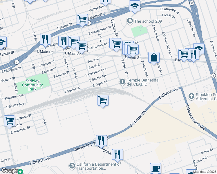 map of restaurants, bars, coffee shops, grocery stores, and more near 809 Sharon Avenue in Stockton